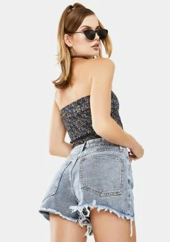 Momokrom Frayed Hem Light Wash Denim Shorts Bottoms