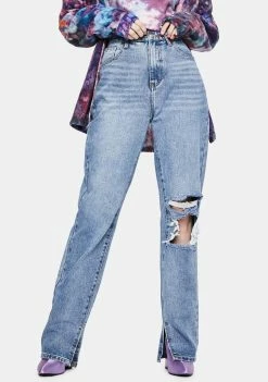 Momokrom Split Hem Light Wash Straight Leg Jeans Bottoms