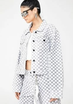 Momokrom Outerwear Checkerboard Cropped Denim Jacket