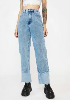 Momokrom Patchwork Cuff Long Denim Jeans Bottoms