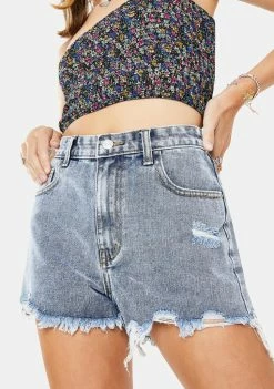 Momokrom Frayed Hem Light Wash Denim Shorts Bottoms