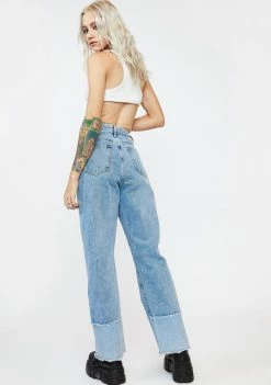 Momokrom Patchwork Cuff Long Denim Jeans Bottoms