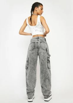 Momokrom Boyfriend Jeans Washed Grey Low Rise Baggy Wide Leg Jeans