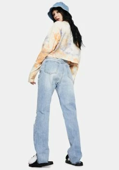 Momokrom Distressed Light Wash Straight Leg Jeans