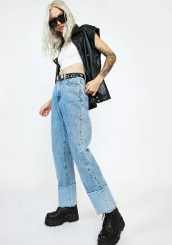 Momokrom Patchwork Cuff Long Denim Jeans Bottoms