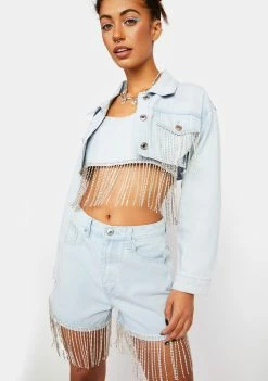 Momokrom Cropped Denim Jacket With Diamante Fringe