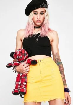 Momokrom Yellow Distressed Denim Mini Skirt Bottoms